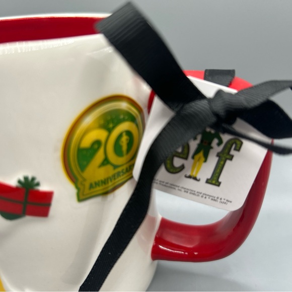 Rae Dunn RAISED BY ELVES 20th Anniversary ELF Red Handle Double Sided Mug NEW - Picture 3 of 4